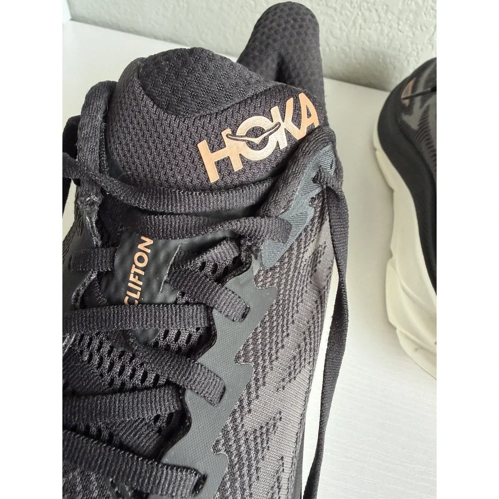 HOKA Clifton 9 Wide Women's 9.5D Black Rose Gold Running Shoes 1132211